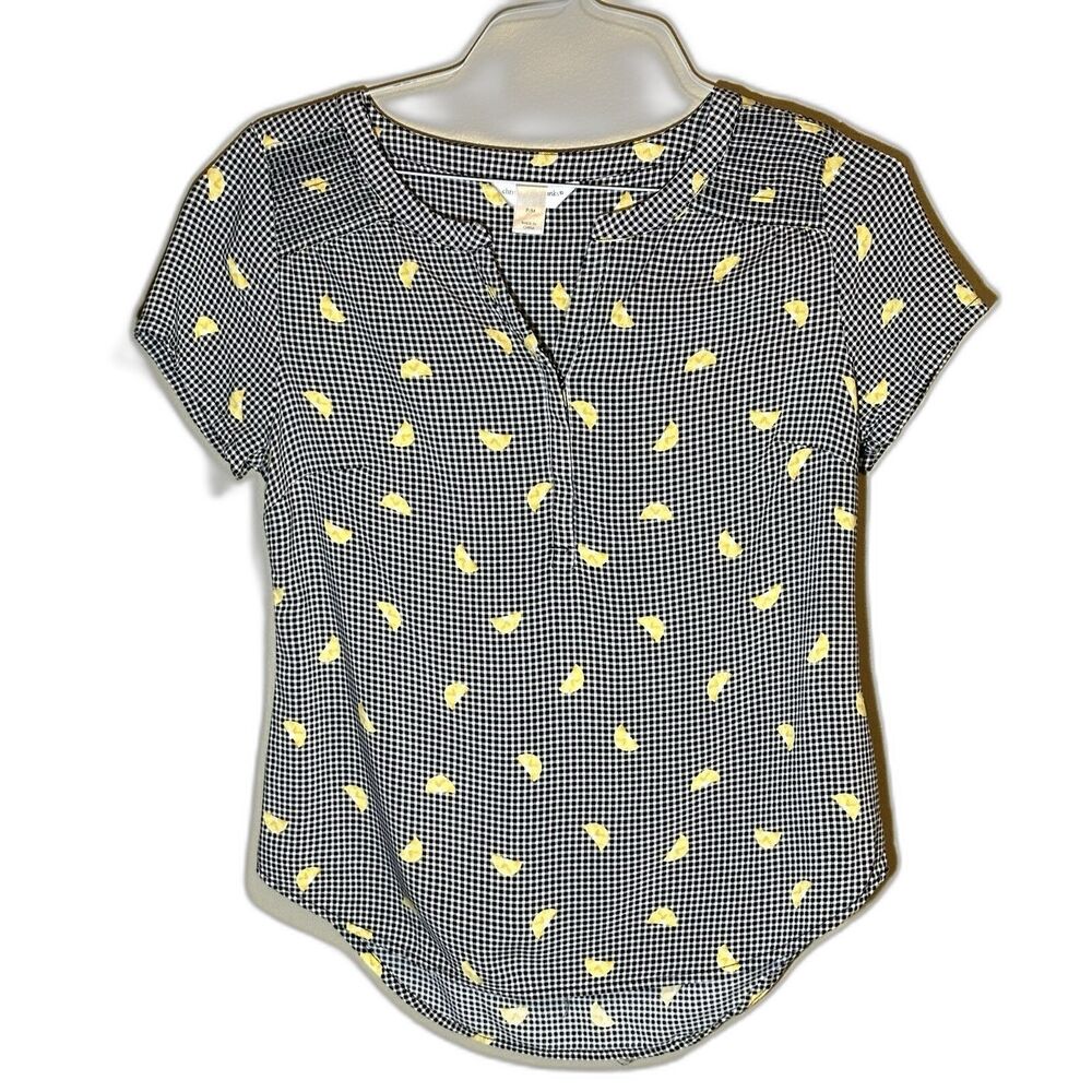 Christopher & Banks Women PM Lemon Blouse Black/White Gingham Flowy Vneck
